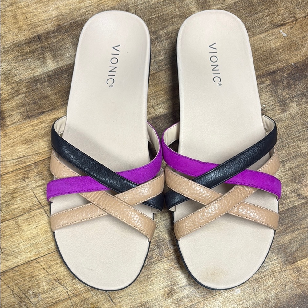 Vionic size 9 Black Tan Purple Sandals Criss-Cross Slide Leather summer resort